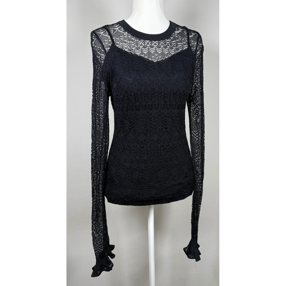 Paige Womens Black Sheer‎ Lace Knit Ruffle Long Sleeve Top M Witchy Whimsygoth